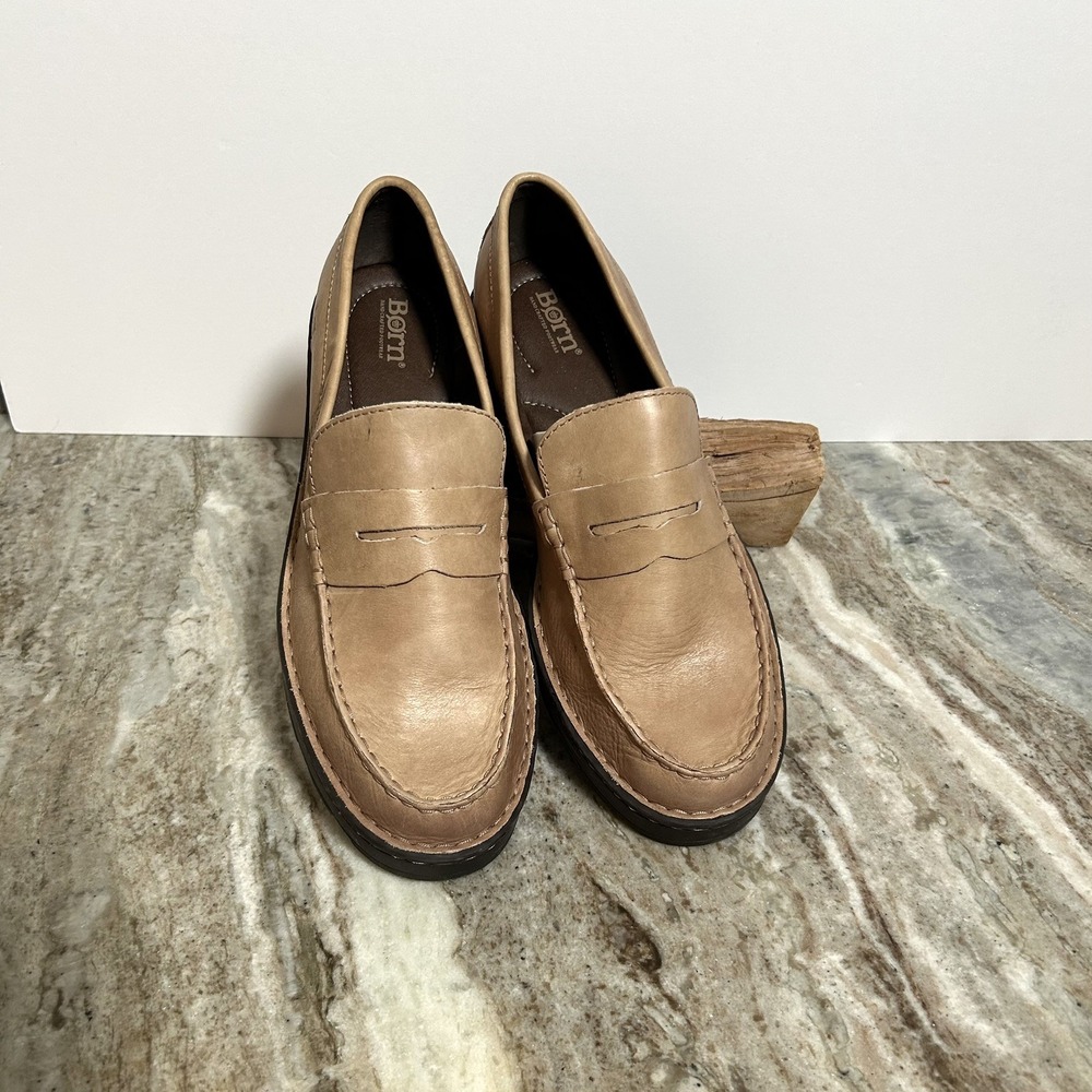 Born Womens Leather Loafers Beige Penny Flats Size 11M